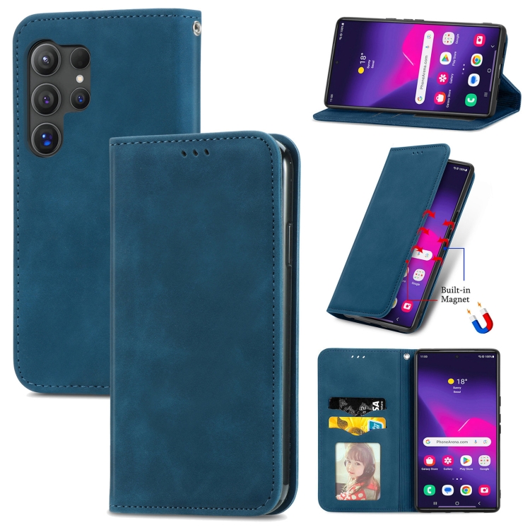 

For Samsung Galaxy S25 Ultra 5G Retro Skin Feel Magnetic Leather Phone Case(Blue)