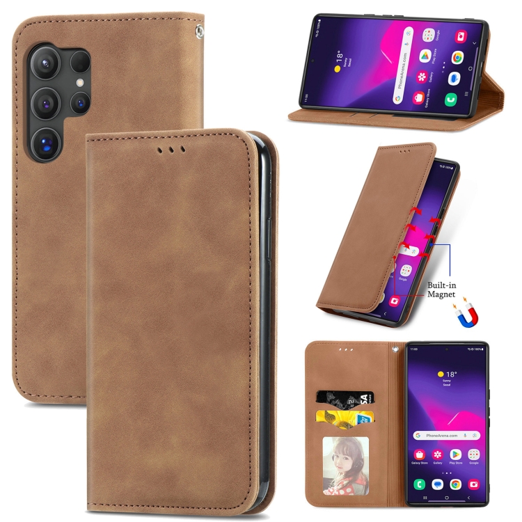 

For Samsung Galaxy S25 Ultra 5G Retro Skin Feel Magnetic Leather Phone Case(Brown)