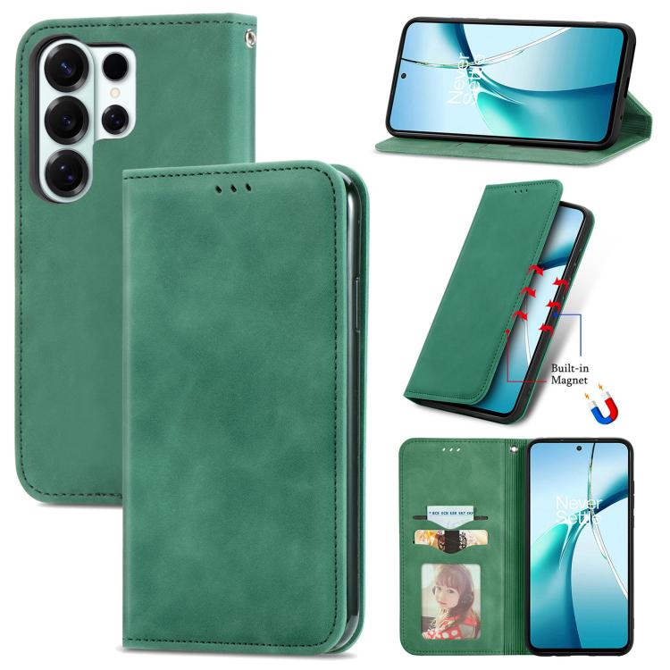 For Galaxy S26 Ultra 5G Retro Skin Feel Magnetic Leather Phone Case(Green)