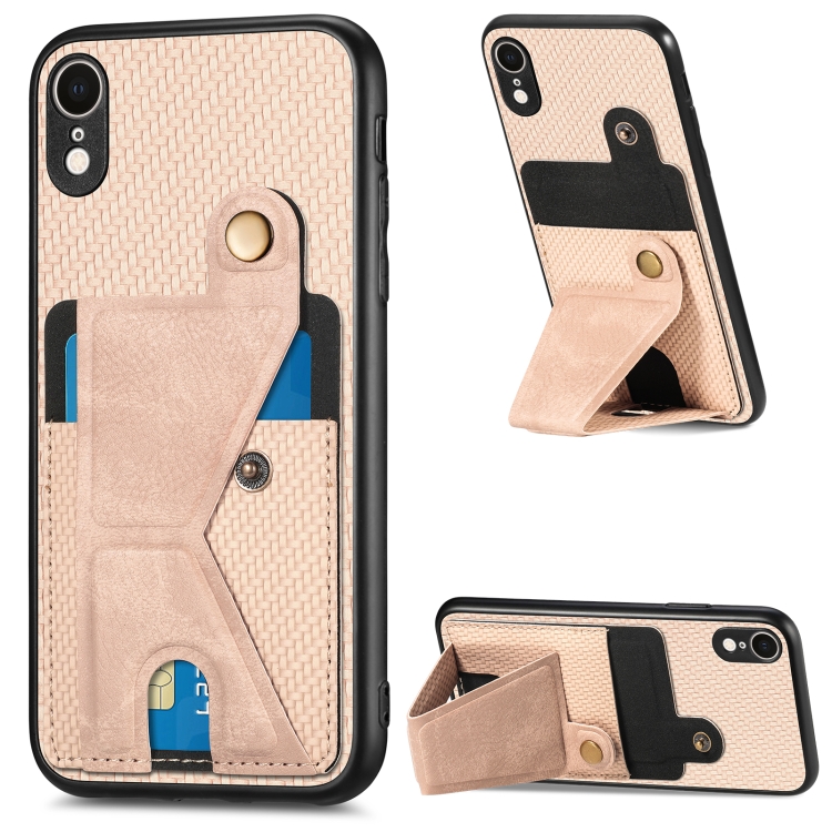 

For iPhone XR Carbon Fiber Wallet Flip Card K-shaped Holder Phone Case(Khaki)