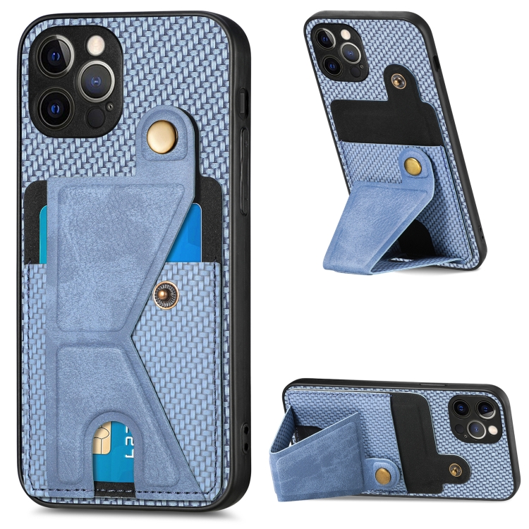 

For iPhone 12 Pro Carbon Fiber Wallet Flip Card K-shaped Holder Phone Case(Blue)