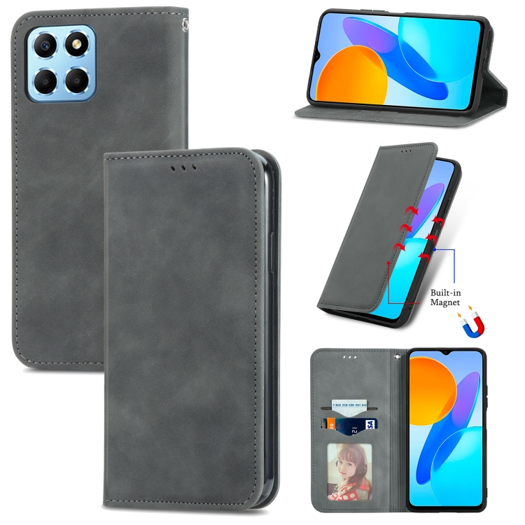 

For Honor X6 Retro Skin Feel Magnetic Flip Leather Phone Case(Gray)
