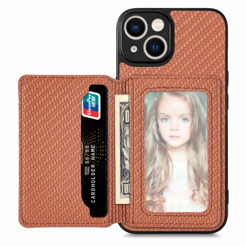 

For iPhone 14 Plus Carbon Fiber Magnetic Card Bag Phone Case(Brown)