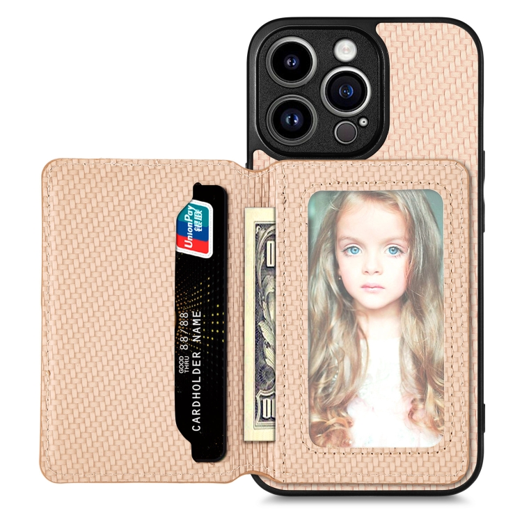 

For iPhone 14 Pro Carbon Fiber Magnetic Card Bag Phone Case(Khaki)