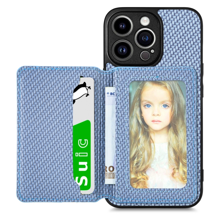 

For iPhone 14 Pro Max Carbon Fiber Magnetic Card Bag Phone Case(Blue)
