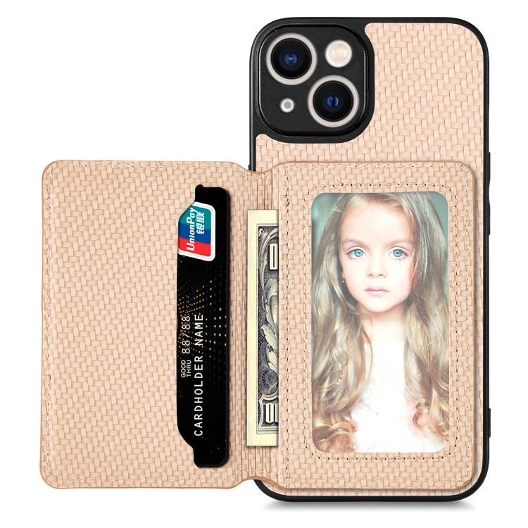 

For iPhone 13 mini Carbon Fiber Magnetic Card Bag Phone Case(Khaki)