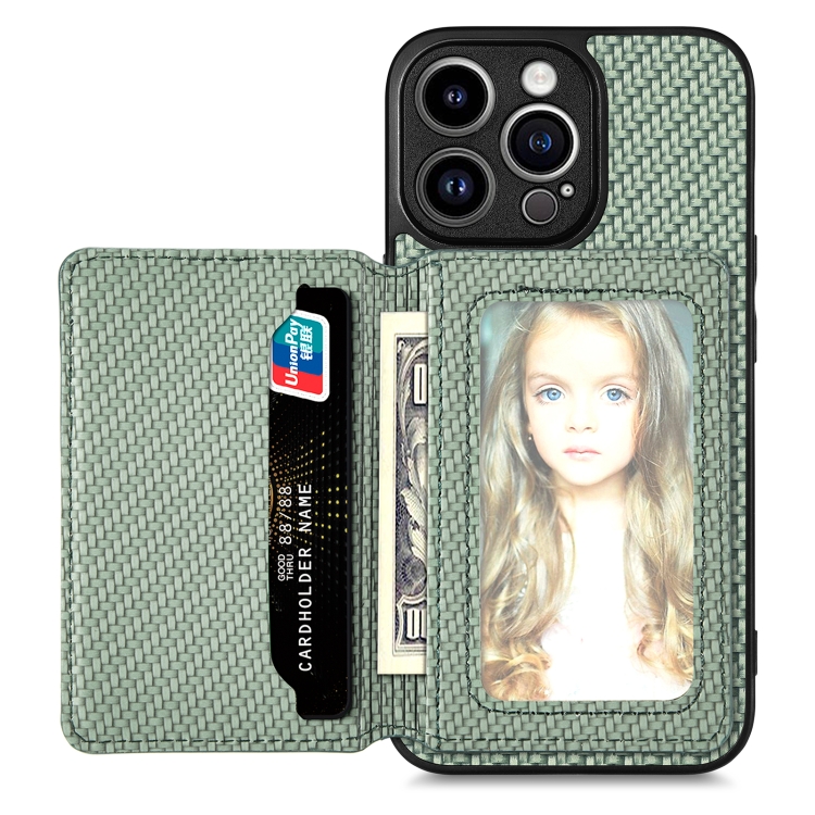 

For iPhone 13 Pro Carbon Fiber Magnetic Card Bag Phone Case(Green)