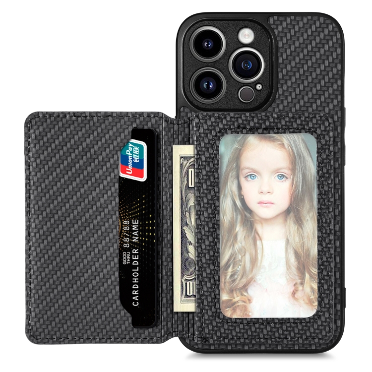 

For iPhone 13 Pro Max Carbon Fiber Magnetic Card Bag Phone Case(Black)