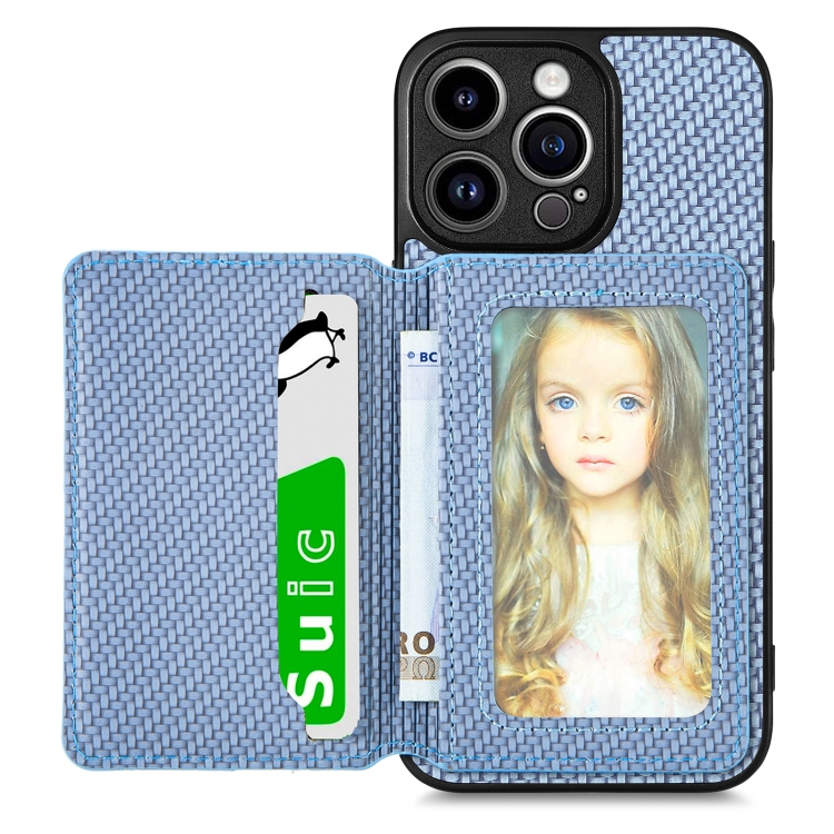 

For iPhone 13 Pro Max Carbon Fiber Magnetic Card Bag Phone Case(Blue)