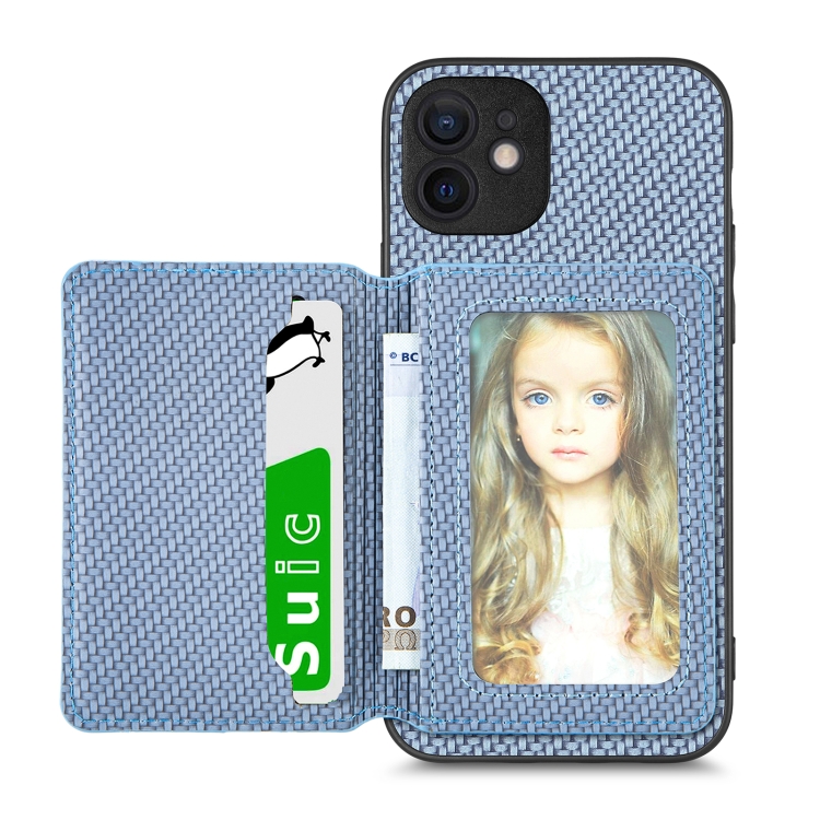 

For iPhone 12 mini Carbon Fiber Magnetic Card Bag Phone Case(Blue)