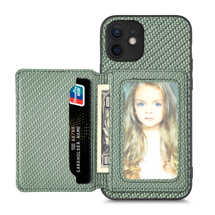 

For iPhone 12 mini Carbon Fiber Magnetic Card Bag Phone Case(Green)