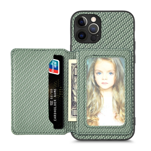

For iPhone 12 Pro Max Carbon Fiber Magnetic Card Bag Phone Case(Green)