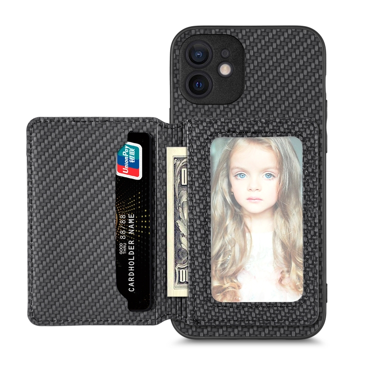 

For iPhone 11 Carbon Fiber Magnetic Card Bag Phone Case(Black)