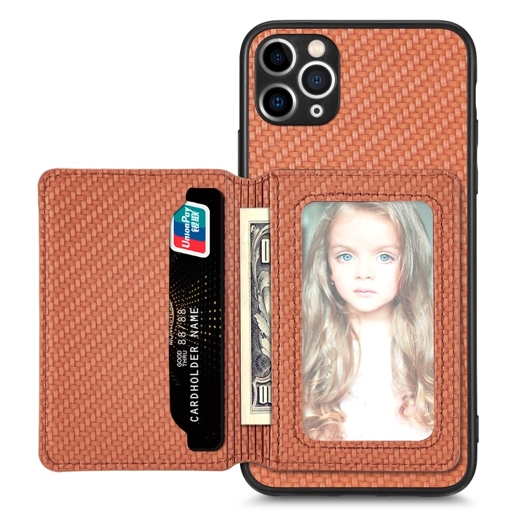 

For iPhone 11 Pro Carbon Fiber Magnetic Card Bag Phone Case(Brown)
