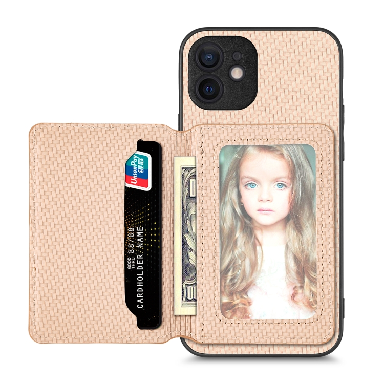 

For iPhone 11 Pro Max Carbon Fiber Magnetic Card Bag Phone Case(Khaki)