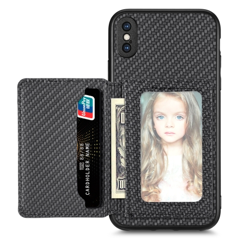 

For iPhone X / XS Carbon Fiber Magnetic Card Bag Phone Case(Black)