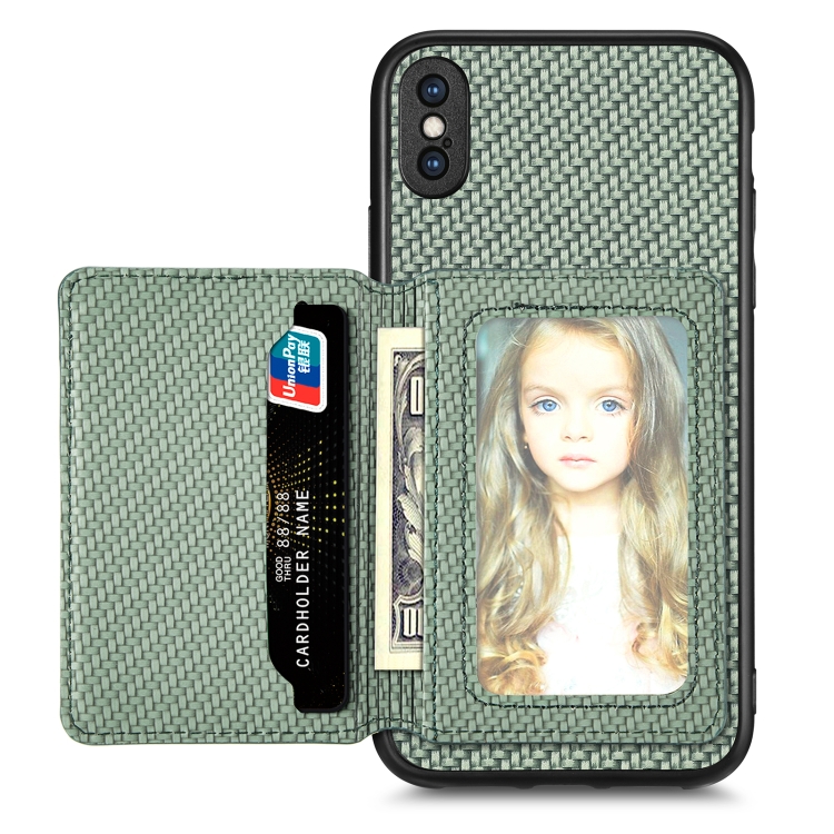 

For iPhone X / XS Carbon Fiber Magnetic Card Bag Phone Case(Green)