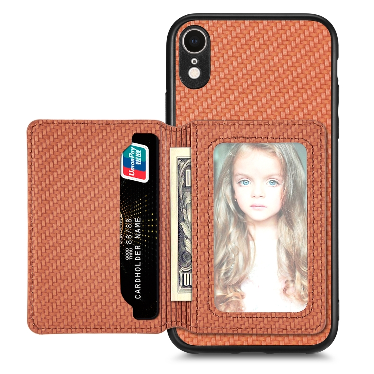 

For iPhone XR Carbon Fiber Magnetic Card Bag Phone Case(Brown)