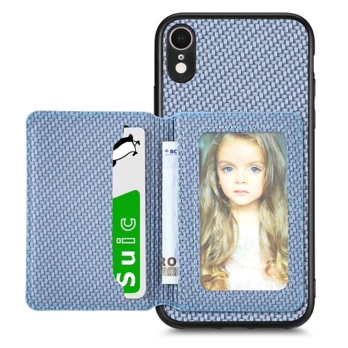 

For iPhone XR Carbon Fiber Magnetic Card Bag Phone Case(Blue)