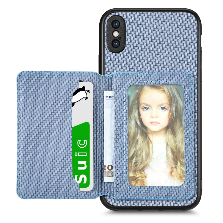 

For iPhone XS Max Carbon Fiber Magnetic Card Bag Phone Case(Blue)