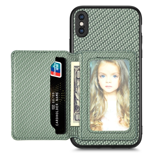 

For iPhone XS Max Carbon Fiber Magnetic Card Bag Phone Case(Green)