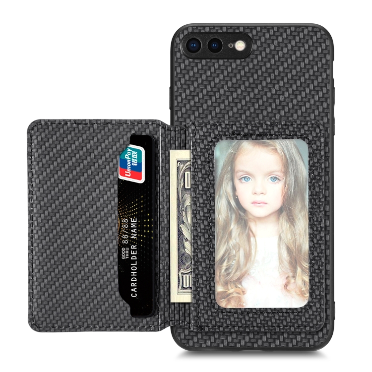 

For iPhone 7 Plus / 8 Plus Carbon Fiber Magnetic Card Bag Phone Case(Black)
