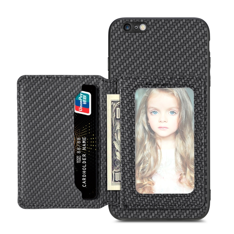 

For iPhone 6 Plus / 6s Plus Carbon Fiber Magnetic Card Bag Phone Case(Black)