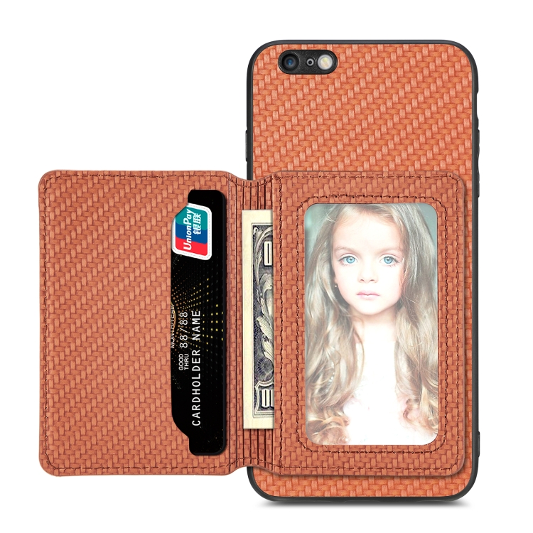 

For iPhone 6 Plus / 6s Plus Carbon Fiber Magnetic Card Bag Phone Case(Brown)