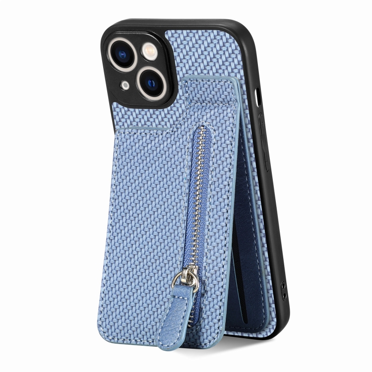 

For iPhone 14 Carbon Fiber Vertical Flip Zipper Phone Case(Blue)