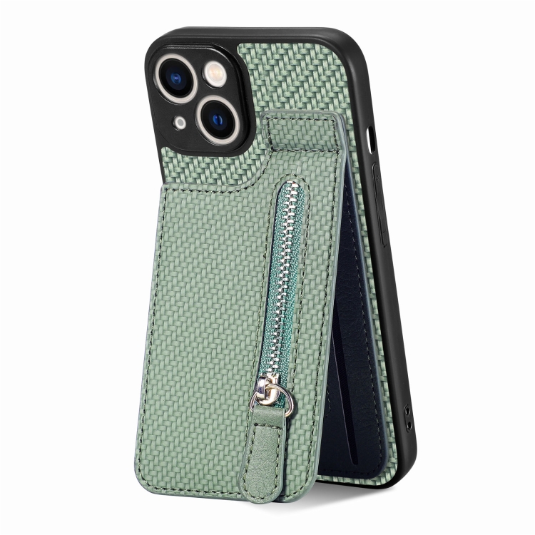 

For iPhone 14 Carbon Fiber Vertical Flip Zipper Phone Case(Green)