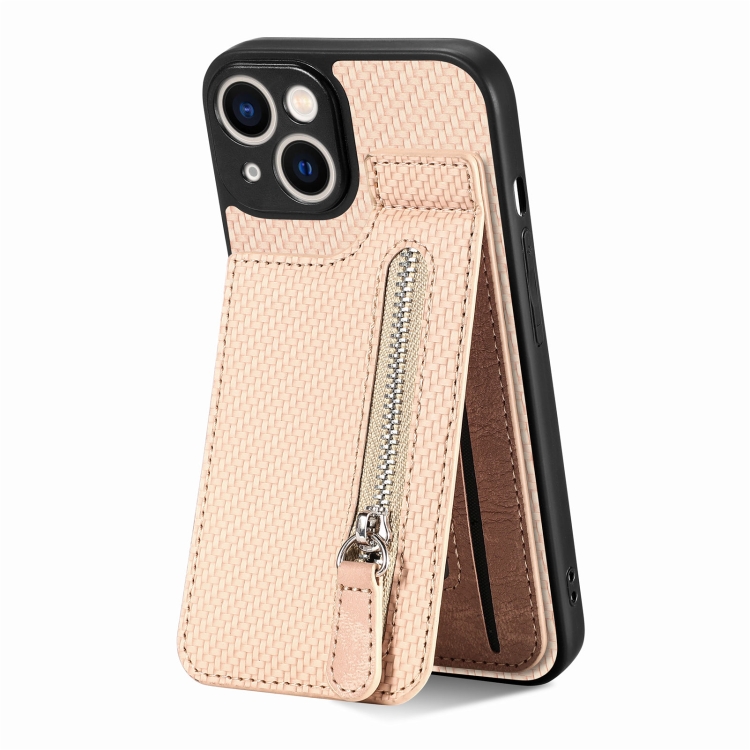 

For iPhone 14 Pro Max Carbon Fiber Vertical Flip Zipper Phone Case(Khaki)