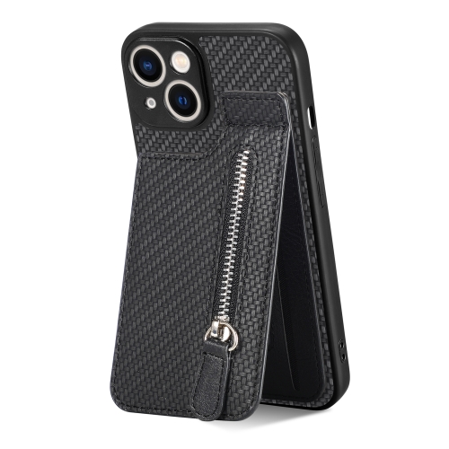 

For iPhone 13 Carbon Fiber Vertical Flip Zipper Phone Case(Black)