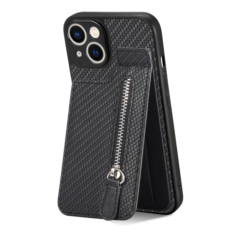 

For iPhone 13 mini Carbon Fiber Vertical Flip Zipper Phone Case(Black)