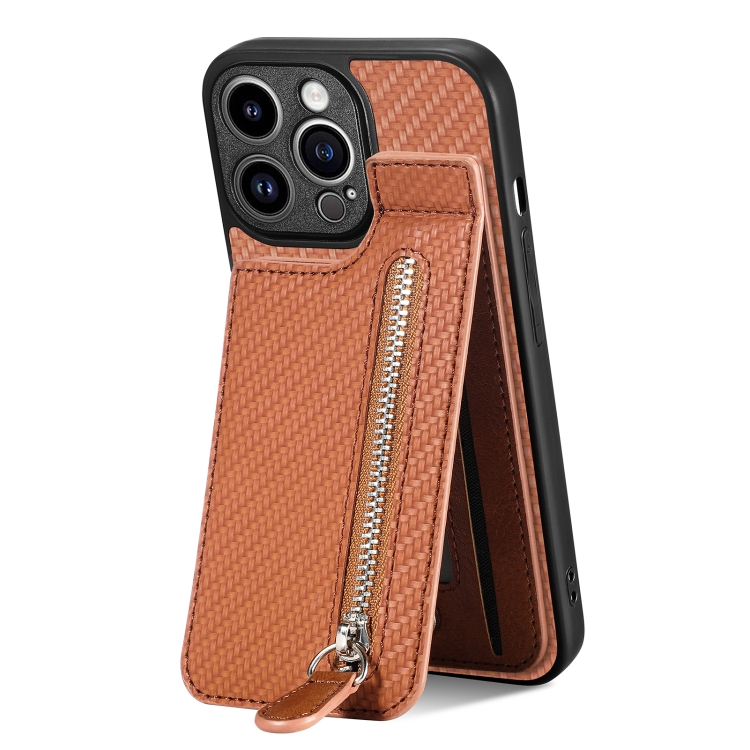 

For iPhone 13 Pro Carbon Fiber Vertical Flip Zipper Phone Case(Brown)