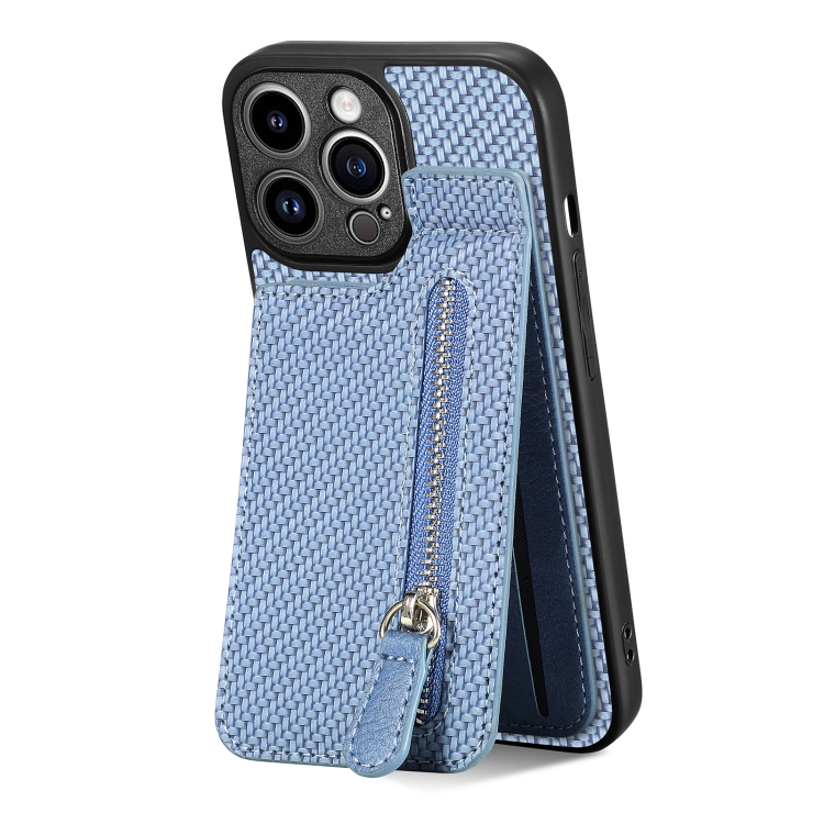 

For iPhone 13 Pro Max Carbon Fiber Vertical Flip Zipper Phone Case(Blue)