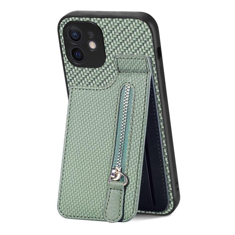 

For iPhone 12 Carbon Fiber Vertical Flip Zipper Phone Case(Green)