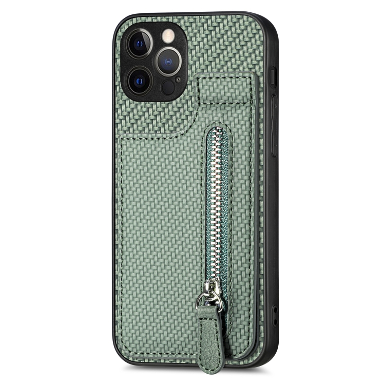 

For iPhone 12 Pro Carbon Fiber Vertical Flip Zipper Phone Case(Green)