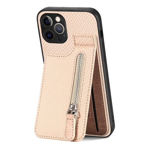 

For iPhone 12 Pro Max Carbon Fiber Vertical Flip Zipper Phone Case(Khaki)