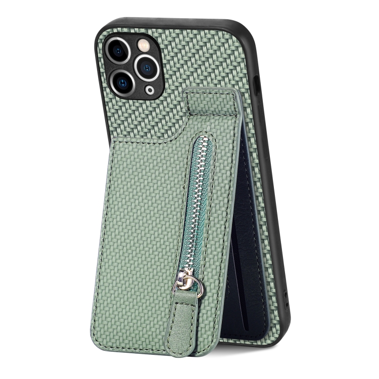 

For iPhone 11 Pro Carbon Fiber Vertical Flip Zipper Phone Case(Green)