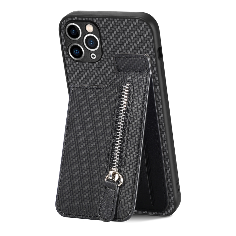 

For iPhone 11 Pro Max Carbon Fiber Vertical Flip Zipper Phone Case(Black)