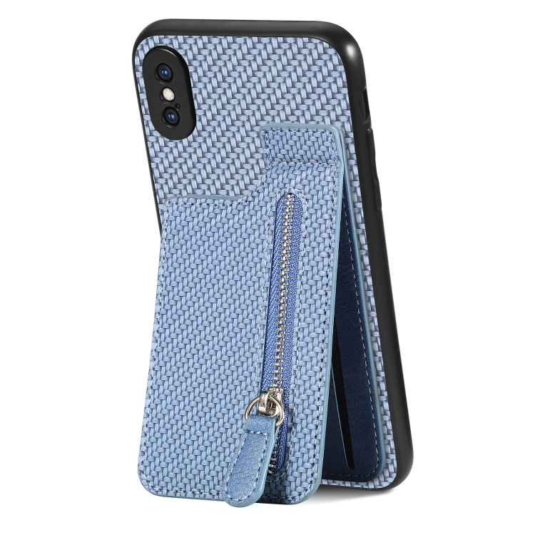 

For iPhone X / XS Carbon Fiber Vertical Flip Zipper Phone Case(Blue)