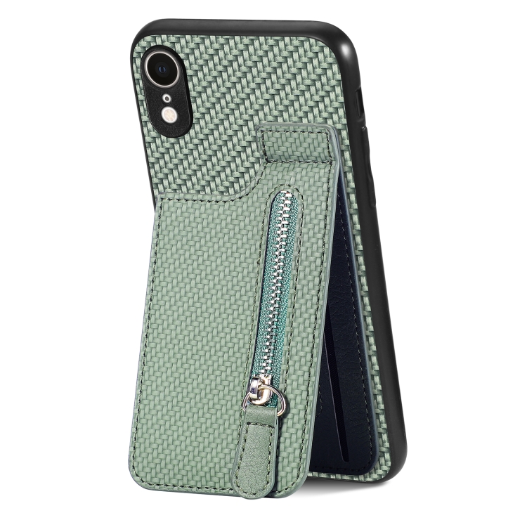 

For iPhone XR Carbon Fiber Vertical Flip Zipper Phone Case(Green)