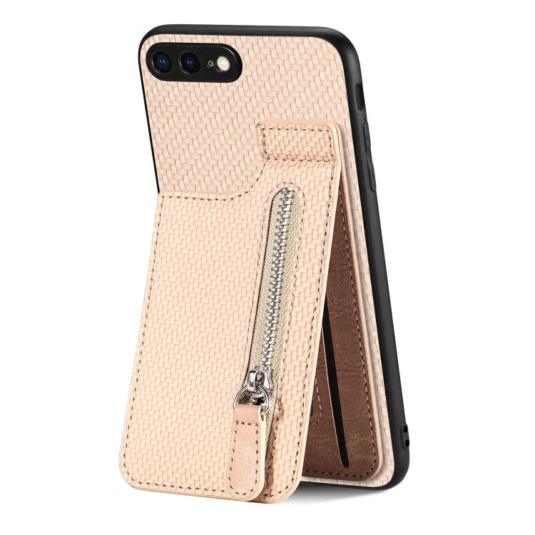

For iPhone 7 Plus / 8 Plus Carbon Fiber Vertical Flip Zipper Phone Case(Khaki)