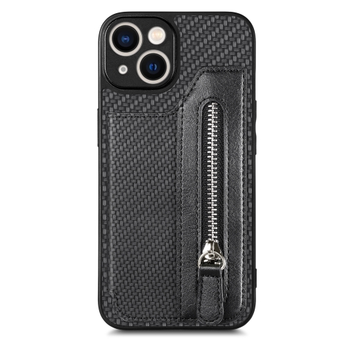 

For iPhone 14 Carbon Fiber Horizontal Flip Zipper Wallet Phone Case(Black)