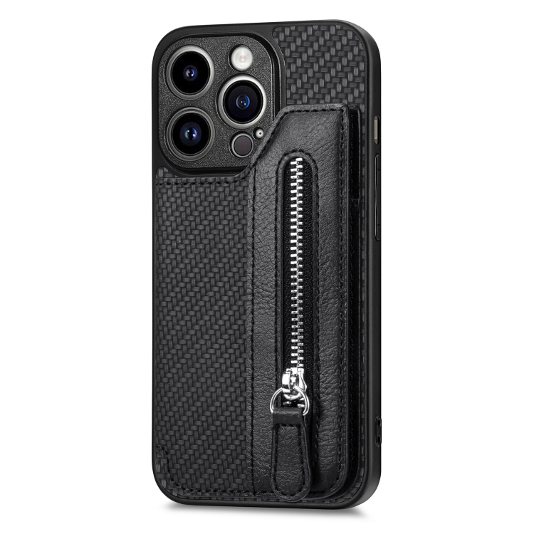 

For iPhone 14 Pro Max Carbon Fiber Horizontal Flip Zipper Wallet Phone Case(Black)