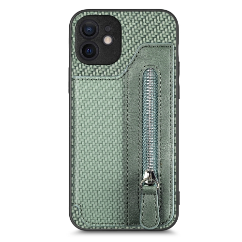 

For iPhone 12 mini Carbon Fiber Horizontal Flip Zipper Wallet Phone Case(Green)