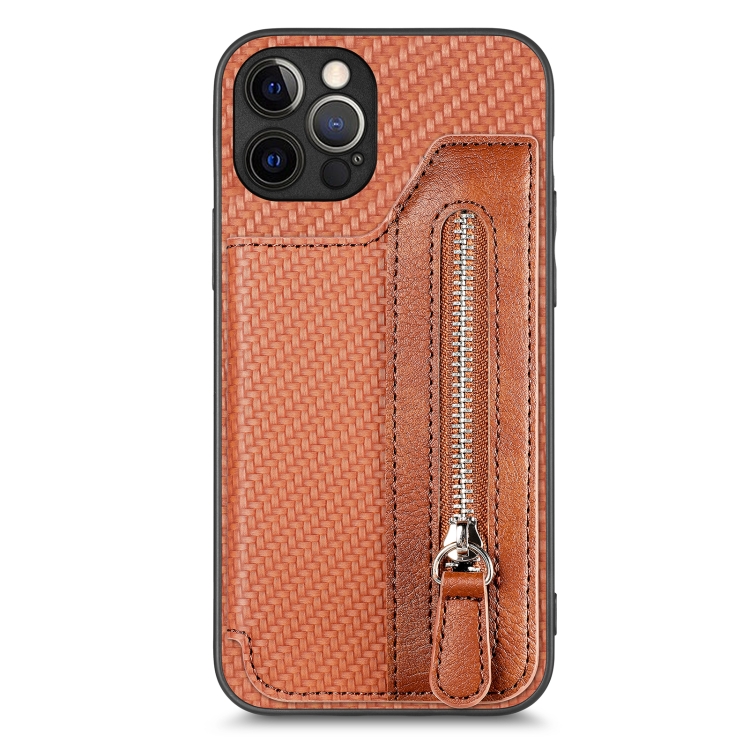 

For iPhone 12 Pro Carbon Fiber Horizontal Flip Zipper Wallet Phone Case(Brown)