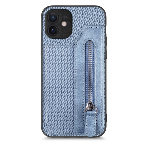 

For iPhone 11 Carbon Fiber Horizontal Flip Zipper Wallet Phone Case(Blue)