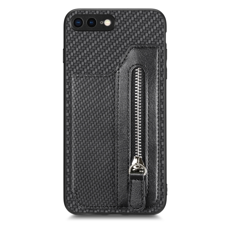 

For iPhone SE 2022 / 2020 / 7 / 8 Carbon Fiber Horizontal Flip Zipper Wallet Phone Case(Black)