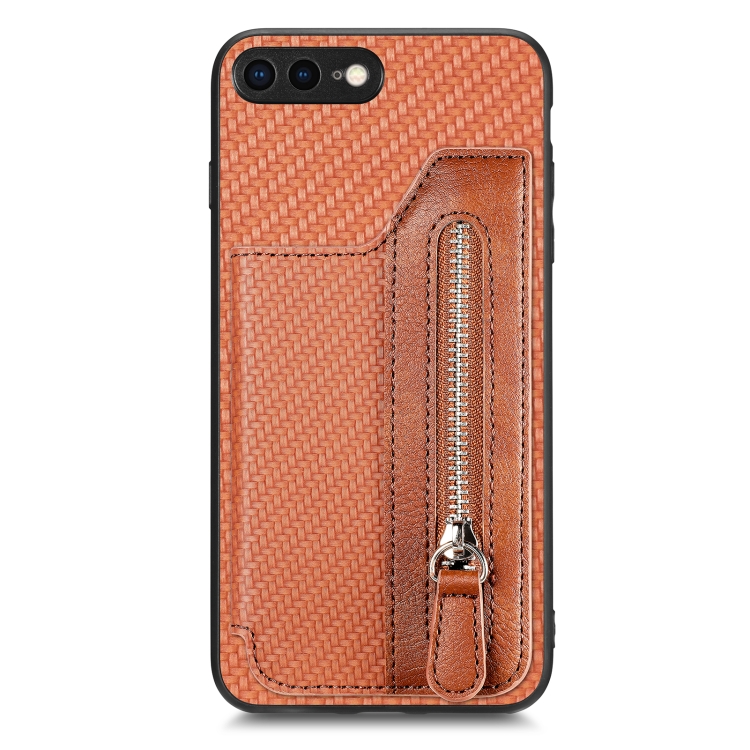 

For iPhone 7 Plus / 8 Plus Carbon Fiber Horizontal Flip Zipper Wallet Phone Case(Brown)